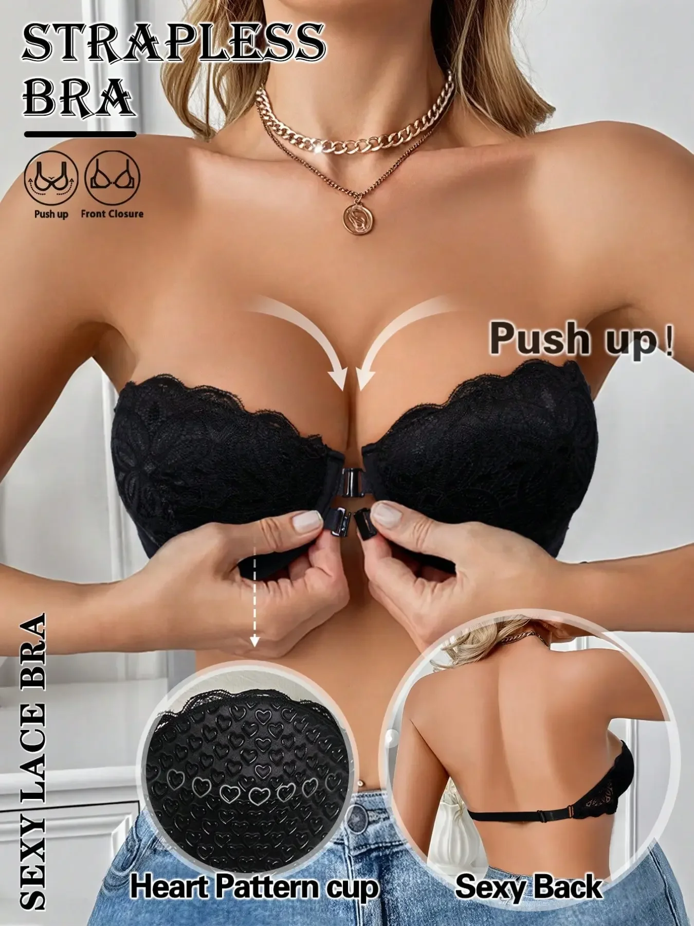 Strapless Bra Backless - セクシーなレーストリム付きフロントバックルストラップレスプッシュアップブラ、ハート柄カップ、バックレスデザイン、滑り止めキャミ、調節可能なストラップ、ドレスに最適
